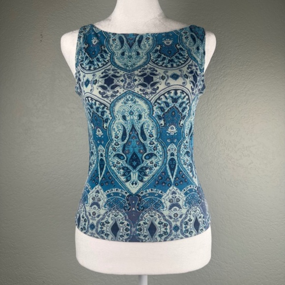 Y2K PS PerSeption Paisley Tank Top Women Size S Blue Glitter Knit Boat Neck Vtg‎